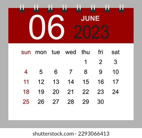 June 2023. Vector monthly calendar template 2023 year in simple style for template design. Week starts from Sunday.