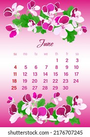 June 2023 vertical calendar page with pink and purple violets on a purple and white gradient background
