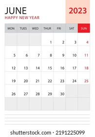 June 2023-Calendar 2023 template vector on red background, week start on monday, Desk calendar 2023 year, Wall calendar design, corporate planner template, Stationery, organizer diary, vector