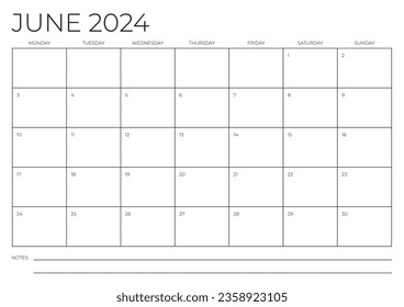 June 2024 A4 Calendar Template. Monday to Sunday. Blank Calendar. Stationery design. Vector illustration.