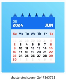 June 2024 calendar. Blue calendar portrait. 2024 Weekend placed sunday and saturday. Layout grid. Monthly calendar format june 2024. Vector illustration