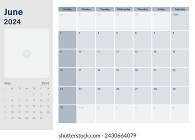 June 2024 calendar desk planner with space for your picture, weeks start on Sunday,  simple white and gray theme, vector design