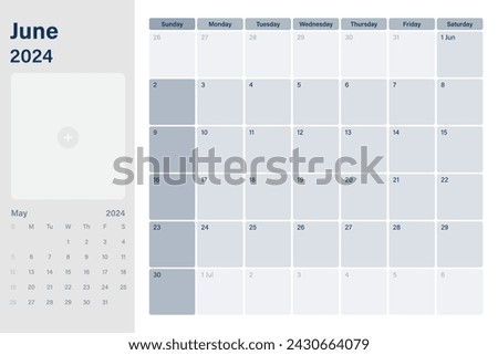 June 2024 calendar desk planner with space for your picture, weeks start on Sunday,  simple white and gray theme, vector design