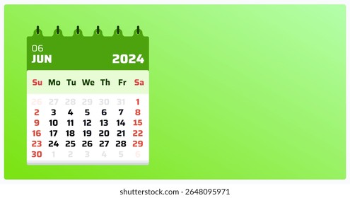 June 2024 calendar. Green calendar landscape. 2024 Weekend sunday format used. Monthly grid calendar for June 2024 planner. Vector illustration.