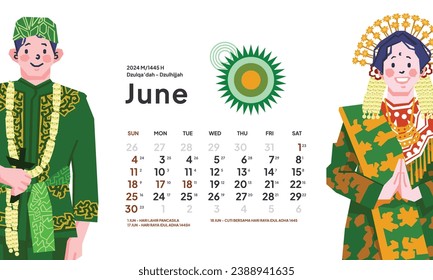 June 2024 calendar with Indonesia National Holiday Landscape template layout Editable Text