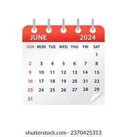 June 2024 Calendar Leaf. Calendar 2024 in flat style. Calendar 2024 week start Sunday corporate design planner template. Wall calendar. Vector illustration