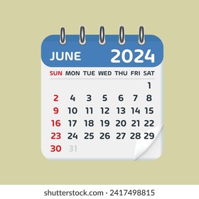 june 2024 Calendar Leaf. Calendar 2024 in flat style