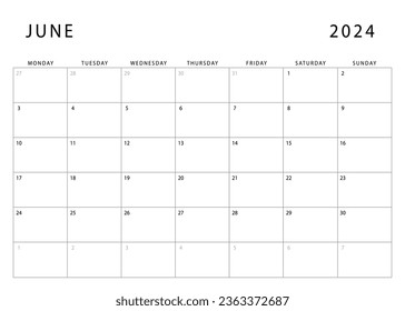 June 2024 calendar. Monday start. Monthly planner template. Vector design