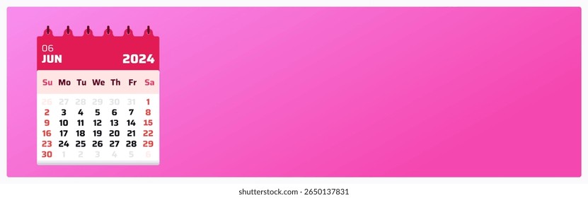June 2024 calendar. Pink and red calendar ads. 2024 Weekend sunday and saturday format. Design page. Date of monthly calendar june 2024. Vector illustration