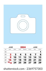June 2024 calendar planner A3 size with place for your photo. Vector planner.