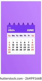 June 2024 calendar. Purple calendar story. 2024 Weekend follows sunday and saturday. Design format. Date layout for june calendar 2024. Vector illustration.