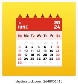 June 2024 calendar. Red calendar square. 2024 Weekend covers sunday and saturday. Monthly calendar grid. Printable june 2024 date sheet. Vector illustration.


