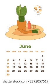 June 2024. Calendar sheet with a cute cat in a dragon costume sitting with his back to us. Cartoon vector illustration.