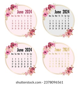 June 2024 Calendar template. 2024 Calendar. 2024 annual calendar template with floral.
