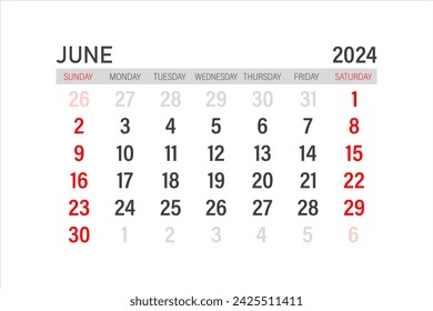 June 2024 calendar template. Layout for June 2024. Printable monthly planner. Desk calendar design. Start of the week on Sunday