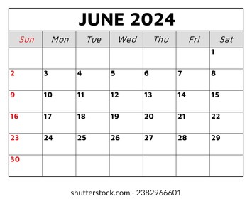 June 2024 calendar. Vector illustration. Monthly planning for your business events
