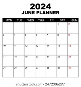 June 2024 Calendar. Week starts on Monday. Blank Calendar Template. Fits Letter Size Page. Stationery Design. Simple set calendar 2024. Monthly calendar template.