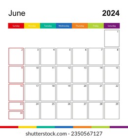 June 2024 colorful wall calendar, week starts on Sunday. 2024 Calendar template.