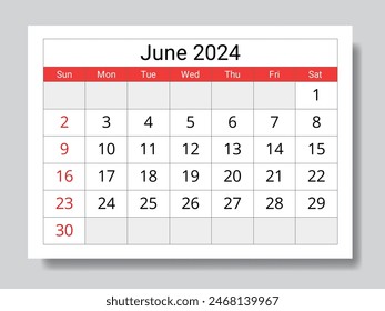 Junio 2024 calendario mensual en inglés. Vector de ilustración imprimible. Planificación mensual de sus eventos