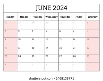 Junio 2024 calendario mensual en inglés. Vector de ilustración imprimible. Planificación mensual para sus eventos empresariales