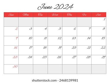 Junio 2024 calendario mensual en inglés. Vector de ilustración imprimible. Planificación mensual para sus eventos empresariales