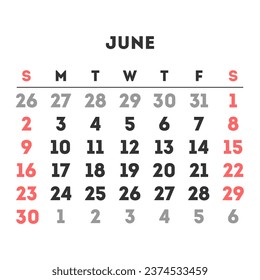 June 2024 month calendar. Vector illustration.