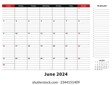 June 2024 Monthly Desk Pad Calendar week starts from sunday, size A3. June 2024 calendar planner with to-do list and place for notes.