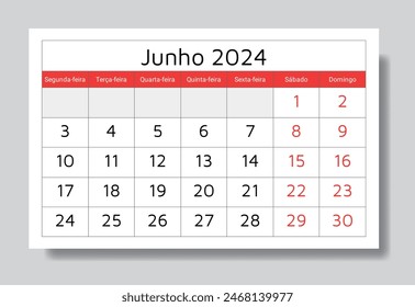 Calendario portugués junio 2024 (Junho). Ilustración vectorial. Planificación mensual para su negocio en Portugal