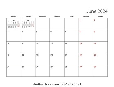 June 2024 simple calendar planner, week starts from Monday. Vector calendar planner.