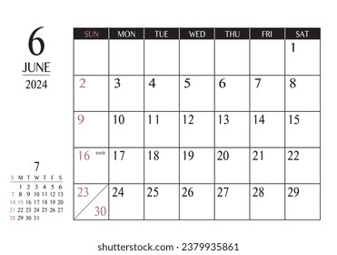 June 2024 Simple writing calendar

It says "Father's Day" in Japanese.