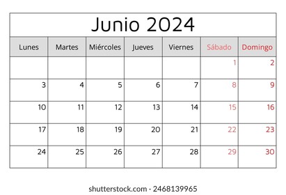 June 2024 SPANISH calendar - Junio. Vector illustration. Monthly planning for your business in Spain
