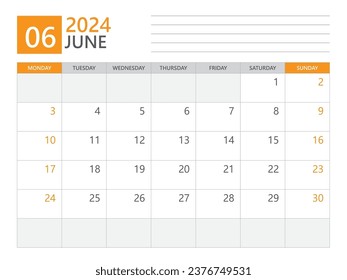 June 2024 template, Calendar planner 2024, week start on Monday, Desk calendar 2024 year, simple planner and clean design, Wall calendar design, Corporate planner template, print media vector