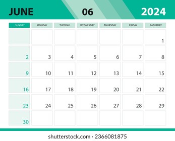 June 2024 template, Calendar 2024 template vector, planner monthly design, Desk calendar 2024, Wall calendar design, Minimal style, advertisement, poster, printing media, green background concept