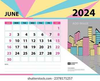 June 2024 template - Calendar 2024 year design, Desk calendar 2024 year, Planner, Week starts on Sunday, Wall calendar design, Stationery design, vintage background vector eps10