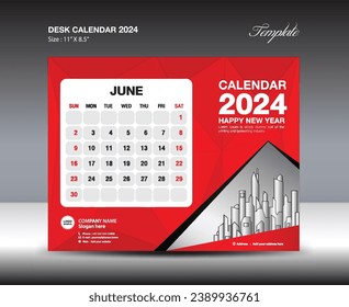 June 2024 template- Desk Calendar 2024 year template, wall calendar 2023 year, Week starts Sunday, Planner design, Stationery design, flyer design, printing media, red  polygon backgrund vector