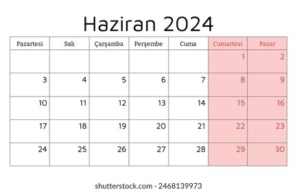 Junio 2024 calendario TURCO - Haziran. Ilustración vectorial. Planificación mensual para su negocio en Turquía
