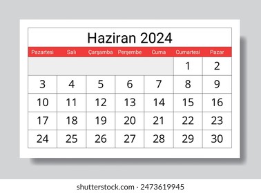 Junio 2024 calendario TURCO - Haziran. Ilustración vectorial. Planificación mensual para su negocio en Turquía
