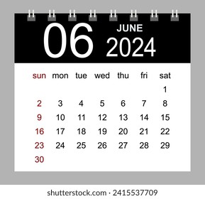 Junio de 2024. Plantilla de calendario mensual vectorial 2024 año en un estilo sencillo para el diseño de plantillas. La semana comienza el domingo.