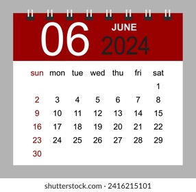 June 2024. Vector monthly calendar template 2024 year in simple style for template design. Week starts from Sunday.