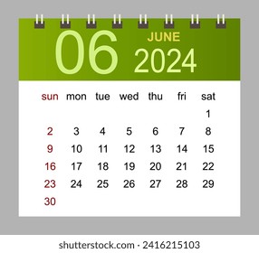 June 2024. Vector monthly calendar template 2024 year in simple style for template design. Week starts from Sunday.