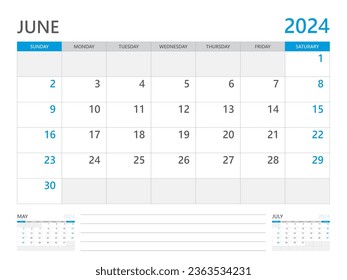Junio de 2024 año, Calendario 2024 y Conjunto de 12 meses, semana comienza el domingo. Calendario de escritorio 2024 diseño, diseño simple y limpio, calendario de pared, vector de plantilla de planificación de diseño corporativo