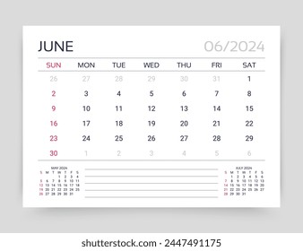 June 2024 year calendar. Week starts Sunday. Planner calender template. Desk monthly organizer. Timetable layout. Corporate diary. Table schedule grid. Vector simple illustration. Paper size A5