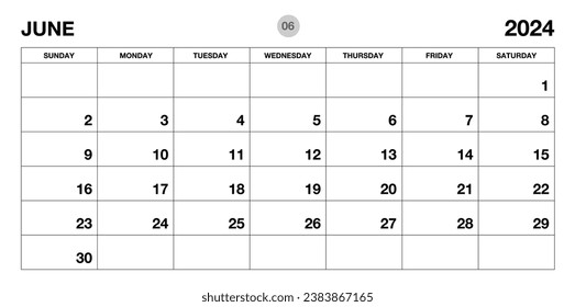 June 2024 year planner template, calendar 2024 template, monthly and yearly planners. organizer diary. week start Sunday, corporate planner template, Desk calendar 2024, Horizontal layout, vector