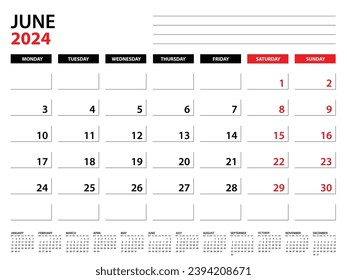 June 2024 year planner template, calendar 2024 template, monthly and yearly planners. organizer diary. week start monday, corporate planner template, Desk calendar 2024, Vector illustration
