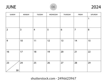 June 2024 year planner template, calendar 2024 template, monthly and yearly planners. organizer diary. week start Sunday, corporate planner template, Desk calendar 2024 year, Vector illustration