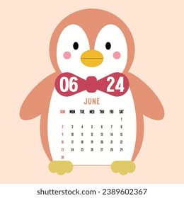 JUNE 2024 Yearly Calendar Printable,  calendar showing months for the year 2024, colorful calendar for the new year, vector.