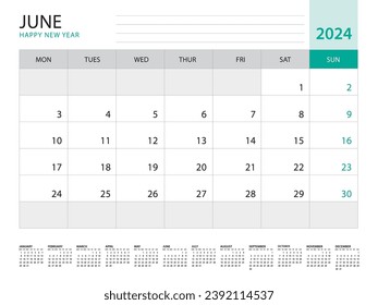 June 2024-Calendar 2024 template vector on green background, week start on monday, Desk calendar 2024 year, Wall calendar design, corporate planner template, Stationery, organizer diary, vector
