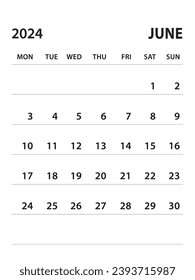 June 2024-Calendar 2024 template vector on white background, week start on monday, Desk calendar 2024 year, Wall calendar design, corporate planner template, clean style, stationery, organizer 