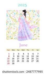 Calendario de junio de 2025 con hermosa chica asiática en traje tradicional hanfu con un ventilador contra el patrón de hojas de remolino floral