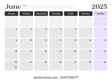 Junho 2025 planejador de mesa de calendário, semana começa na segunda-feira, design mínimo com linhas em branco, ilustração vetorial 